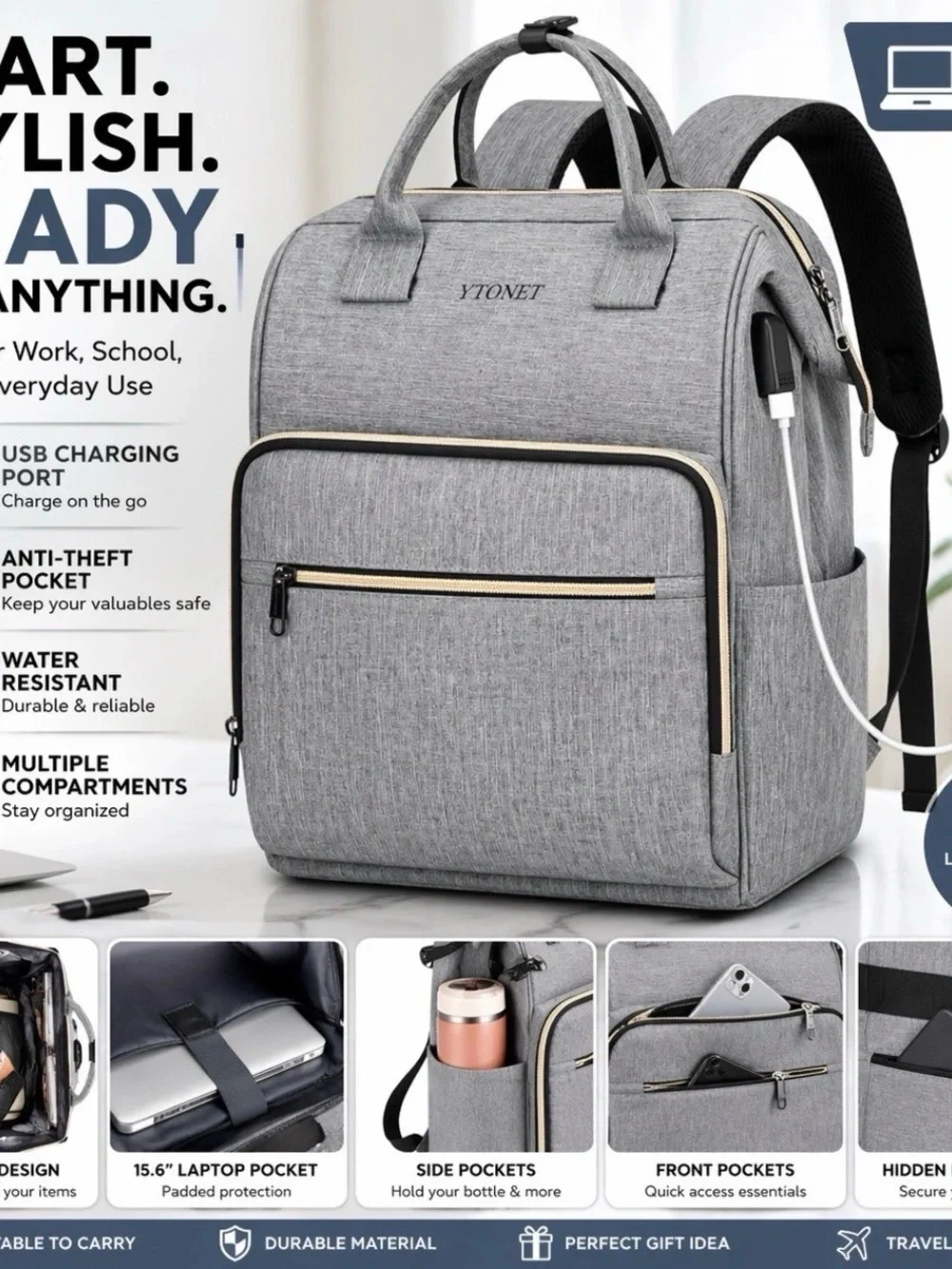 Laptop Backpack 15.6” USB Charging Anti Theft Travel Work School Bag